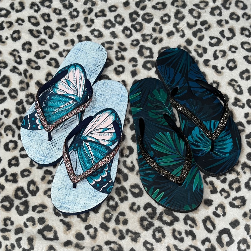 Two Pairs Women’s Flip Flops with Studded/Glitter Straps